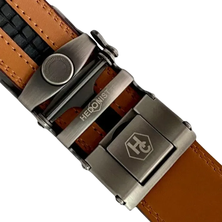Red-brown leather ratchet belt with metal frame buckle, hardware close-up