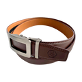 Red-brown leather ratchet belt, close-up of monogram detail