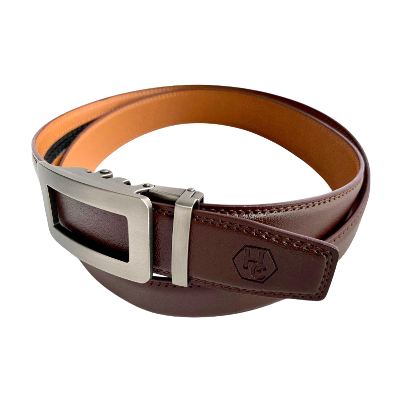 Red-brown leather ratchet belt, close-up of monogram detail