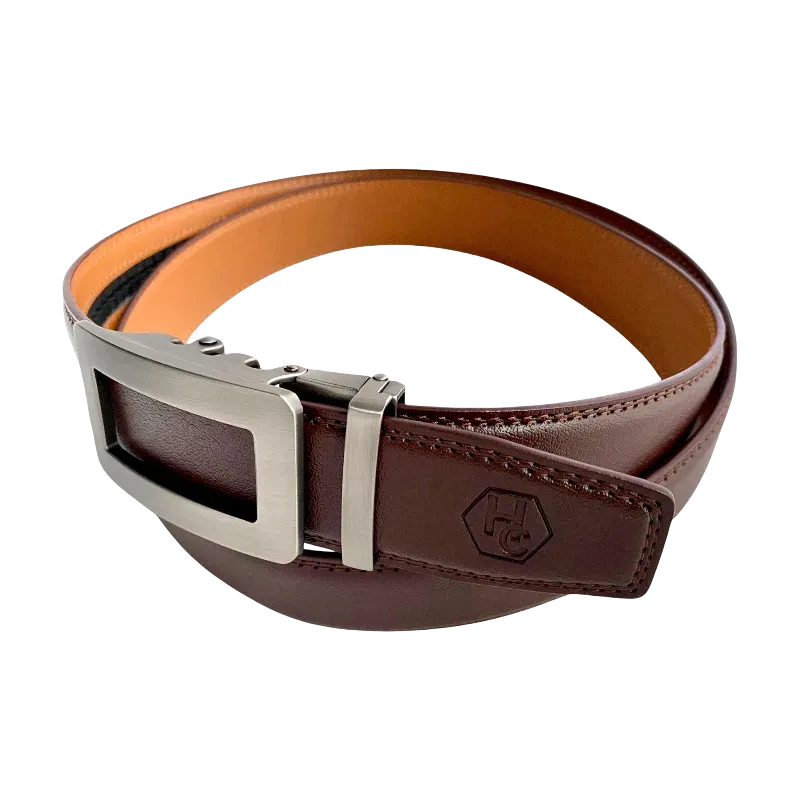 Red-brown leather ratchet belt, close-up of monogram detail