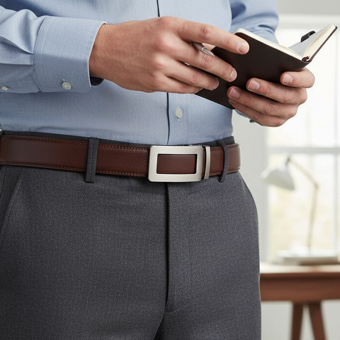 Man wearing red-brown leather ratchet belt, blurred indoor background