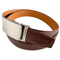 Red-brown leather ratchet belt with gunmetal buckle, buckle detail close-up