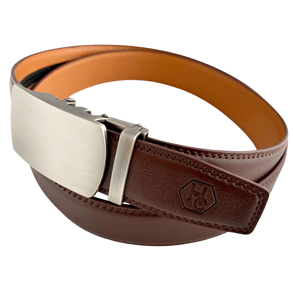Red-brown leather ratchet belt with gunmetal buckle, buckle detail close-up