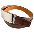 Red-brown leather ratchet belt with gunmetal buckle, buckle detail close-up