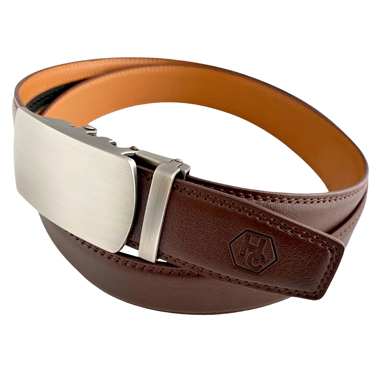 Red-brown leather ratchet belt with gunmetal buckle, buckle detail close-up