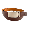 Red-brown leather ratchet belt with gunmetal buckle, front view