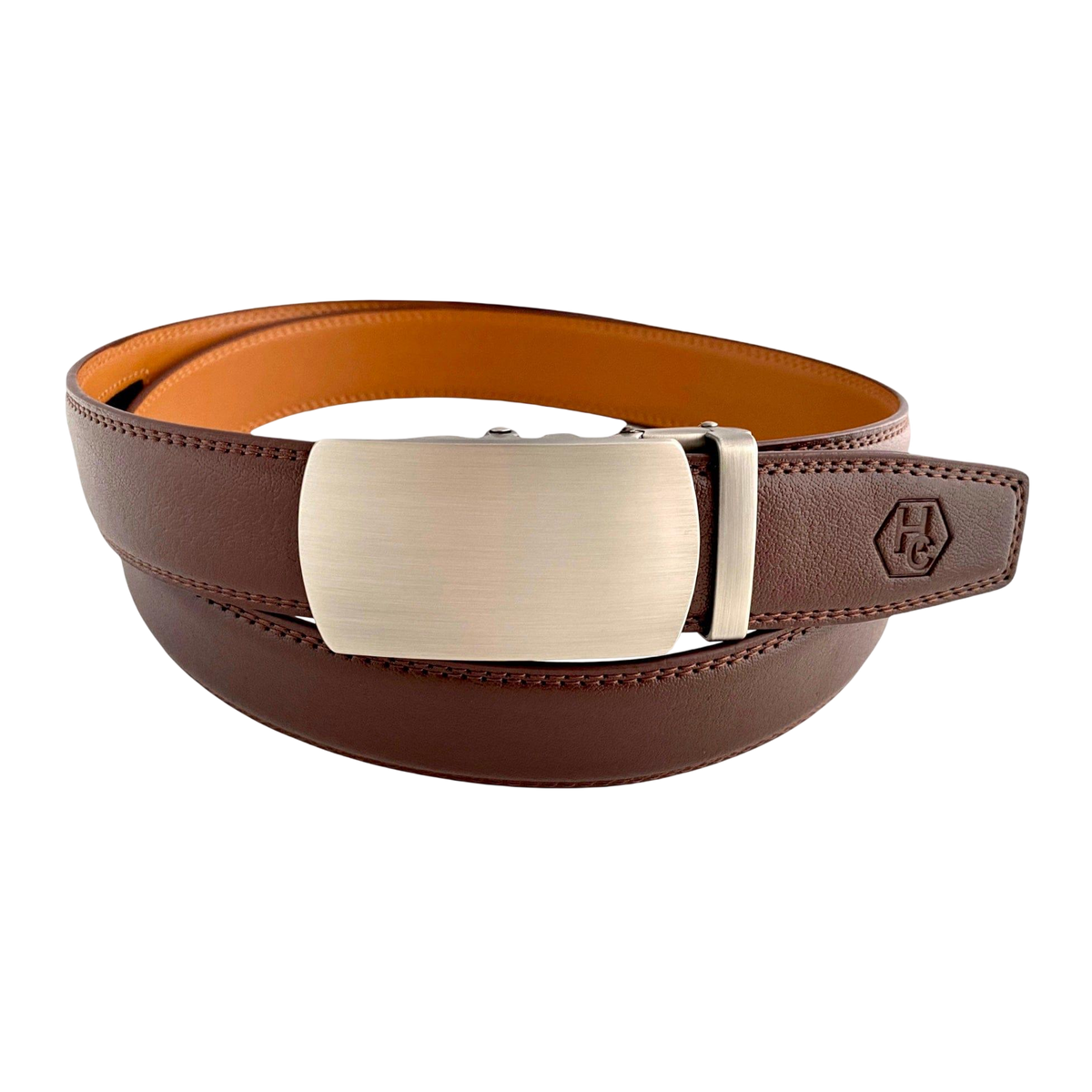 Red-brown leather ratchet belt with gunmetal buckle, front view