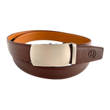 Red-brown leather ratchet belt with gunmetal buckle, front view