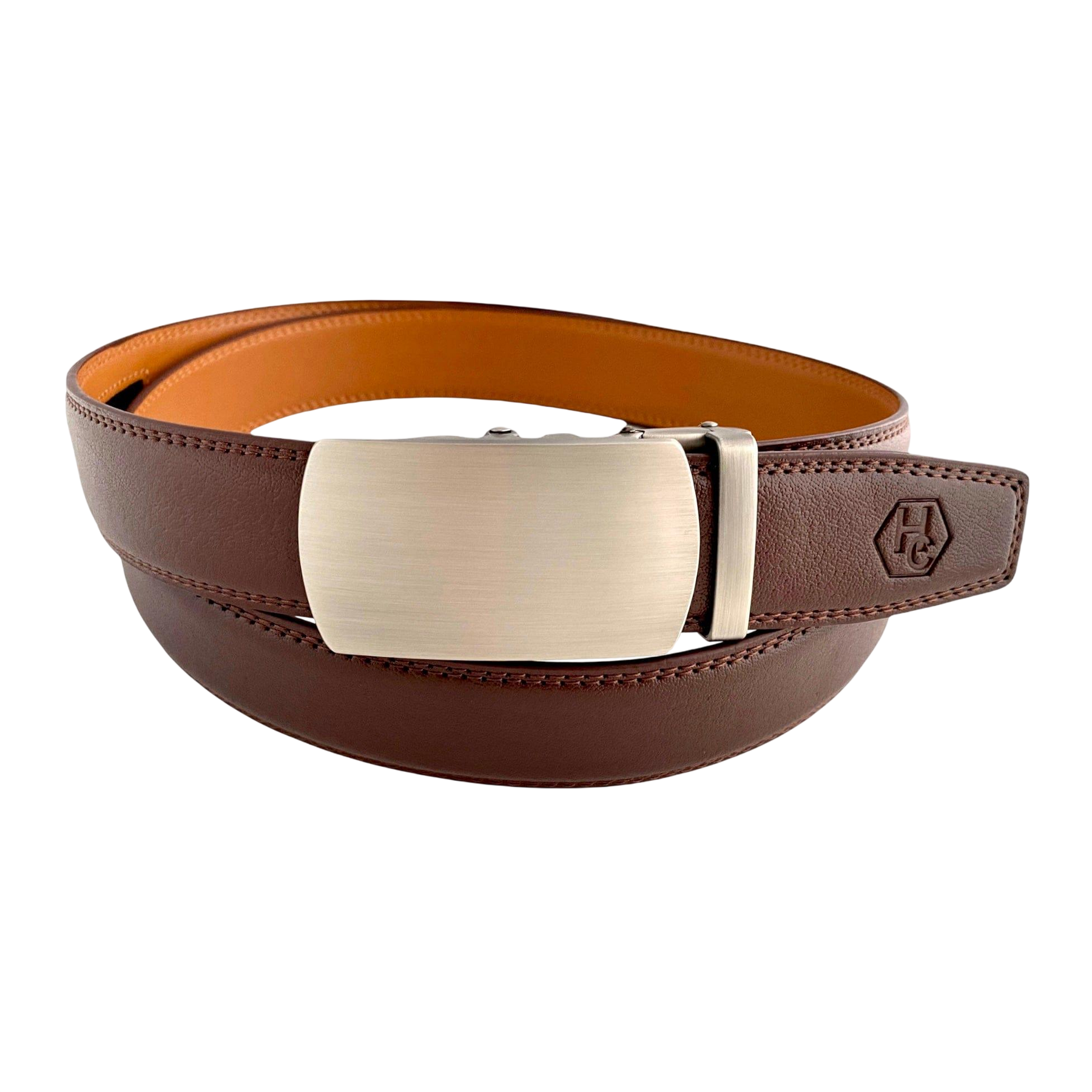 Red-brown leather ratchet belt with gunmetal buckle, front view