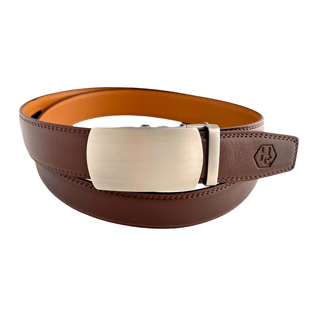 Red-brown leather ratchet belt with gunmetal buckle, front view