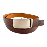 Red-brown leather ratchet belt with gunmetal buckle, front view