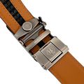 Red-brown leather ratchet belt with gunmetal buckle, hardware close-up