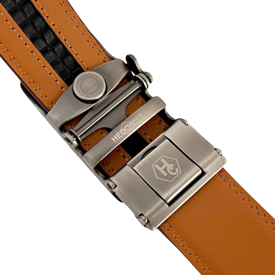 Red-brown leather ratchet belt with gunmetal buckle, hardware close-up