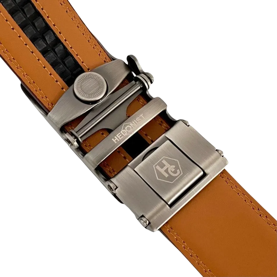 Red-brown leather ratchet belt with gunmetal buckle, hardware close-up