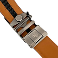 Red-brown leather ratchet belt with gunmetal buckle, hardware close-up