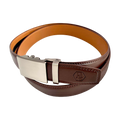 Red-brown leather ratchet belt with gunmetal rectangle buckle, buckle detail close-up