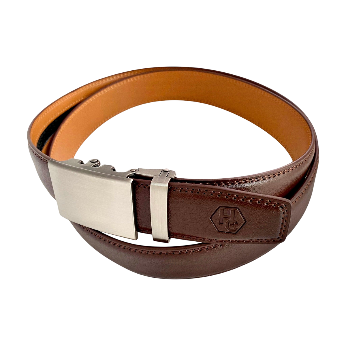 Red-brown leather ratchet belt with gunmetal rectangle buckle, buckle detail close-up