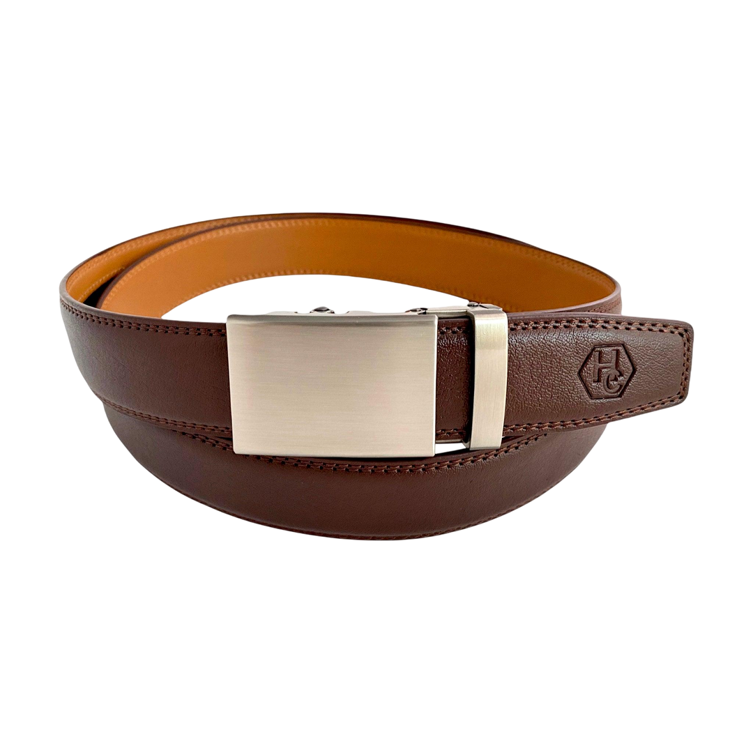 Red-brown leather ratchet belt with gunmetal rectangle buckle, front view