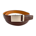 Red-brown leather ratchet belt with gunmetal rectangle buckle, front view