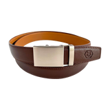 Red-brown leather ratchet belt with gunmetal rectangle buckle, front view