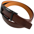 Red-brown leather ratchet belt with black hollow frame buckle, buckle detail close-up
