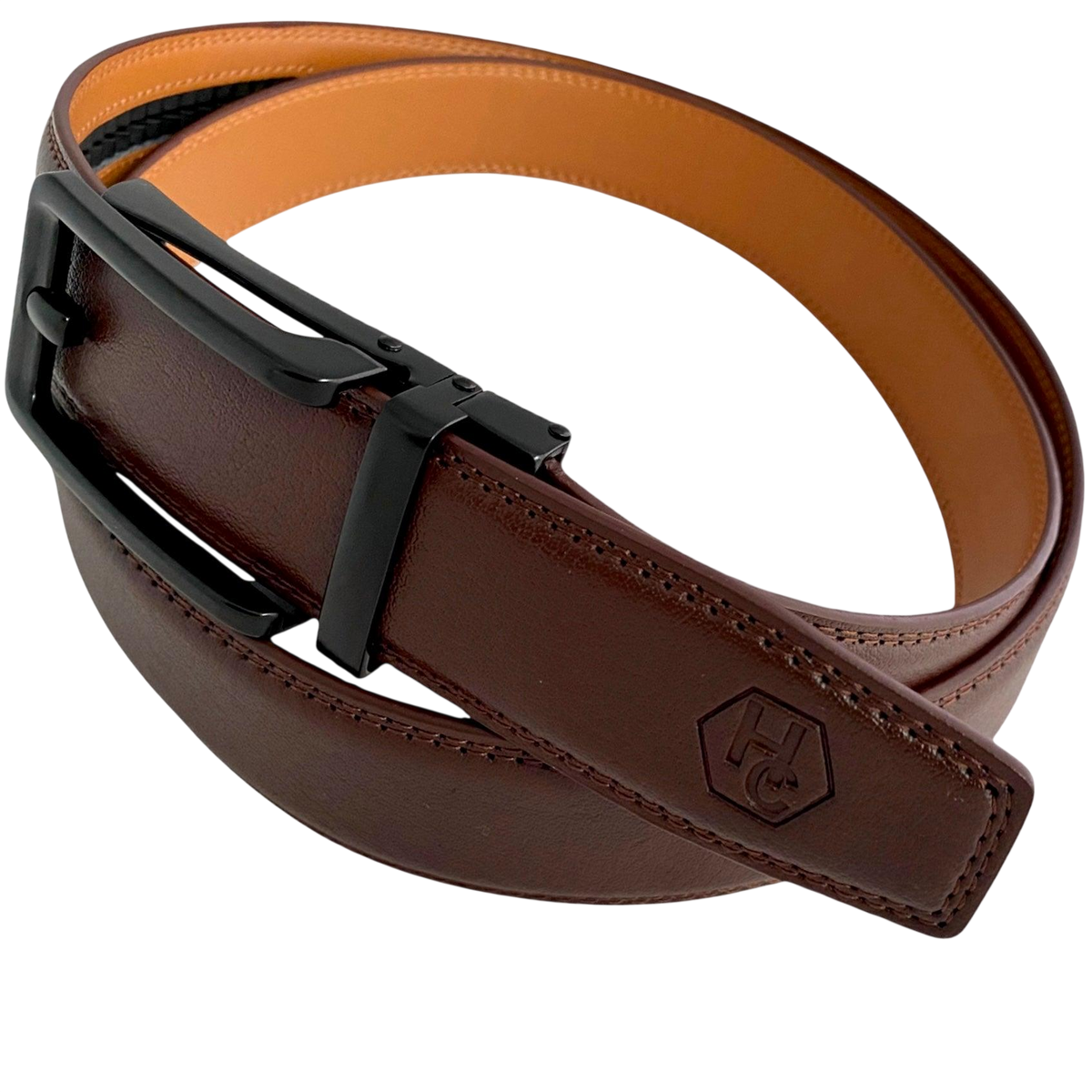 Red-brown leather ratchet belt with black hollow frame buckle, buckle detail close-up