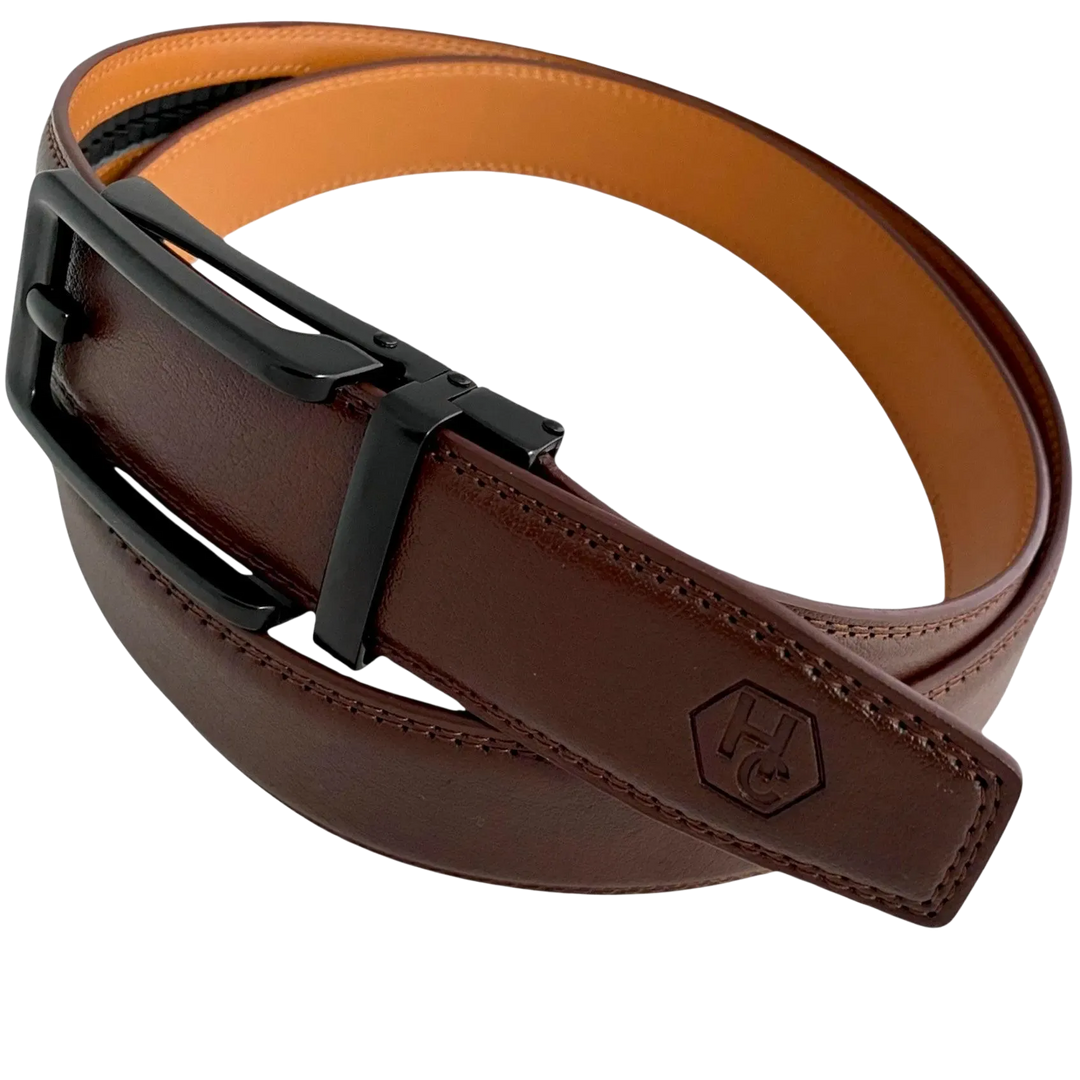 Red-brown leather ratchet belt with black hollow frame buckle, buckle detail close-up