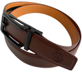 Red-brown leather ratchet belt with black hollow frame buckle, buckle detail close-up
