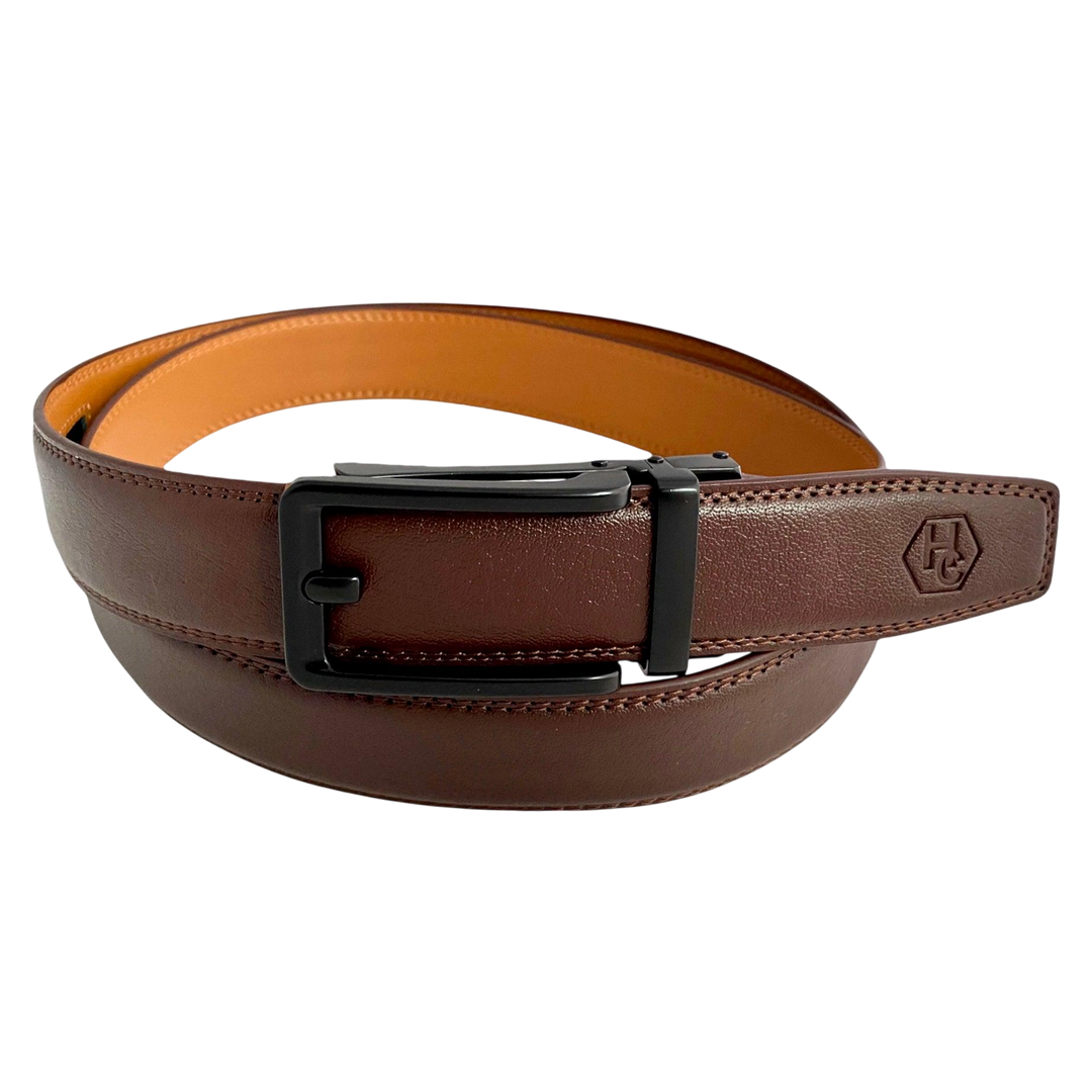 Red-brown leather ratchet belt with black hollow frame buckle, front view