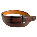 Red-brown leather ratchet belt with black hollow frame buckle, front view