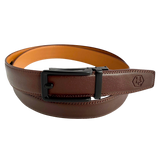 Red-brown leather ratchet belt with black hollow frame buckle, front view