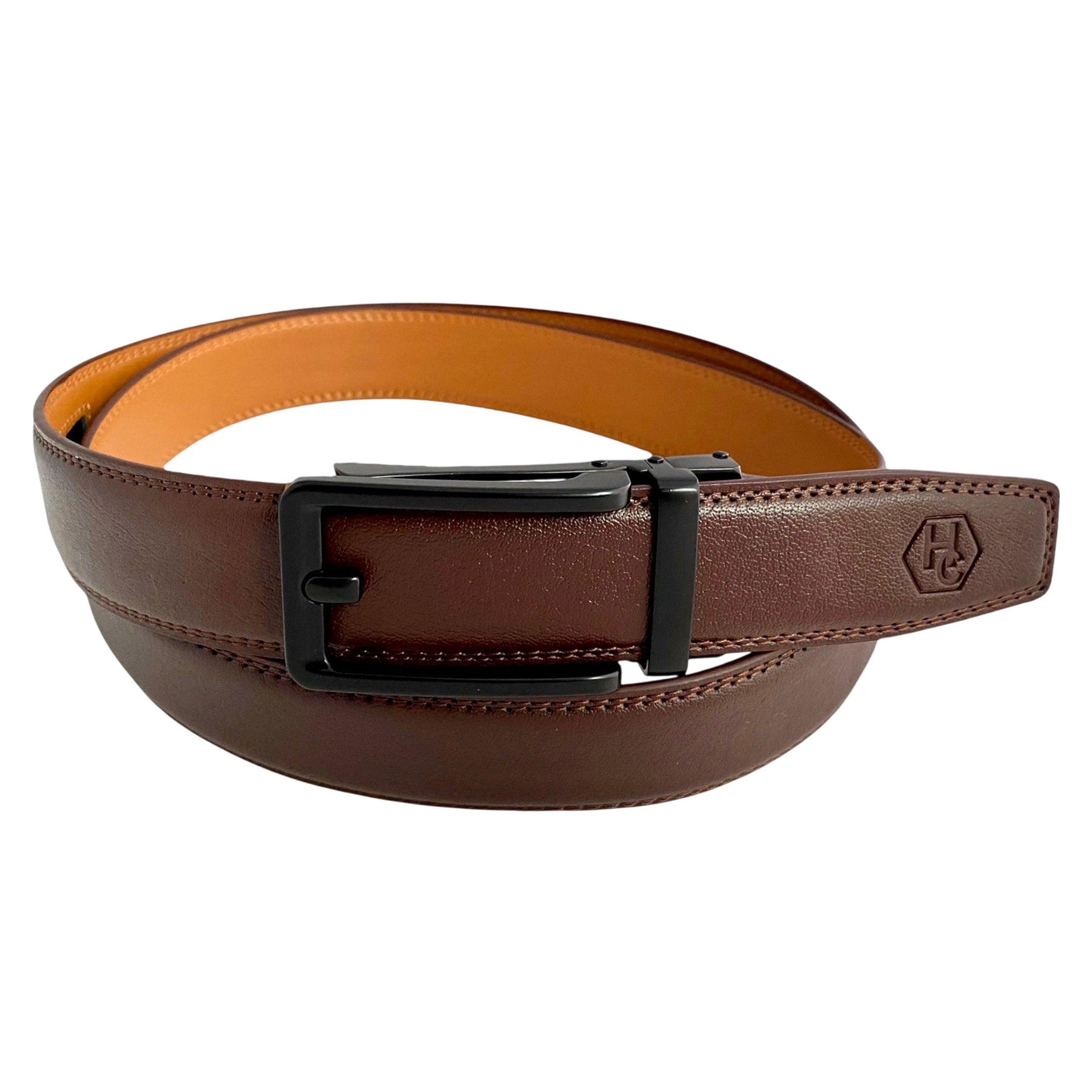 Red-brown leather ratchet belt with black hollow frame buckle, front view