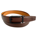Red-brown leather ratchet belt with black hollow frame buckle, front view