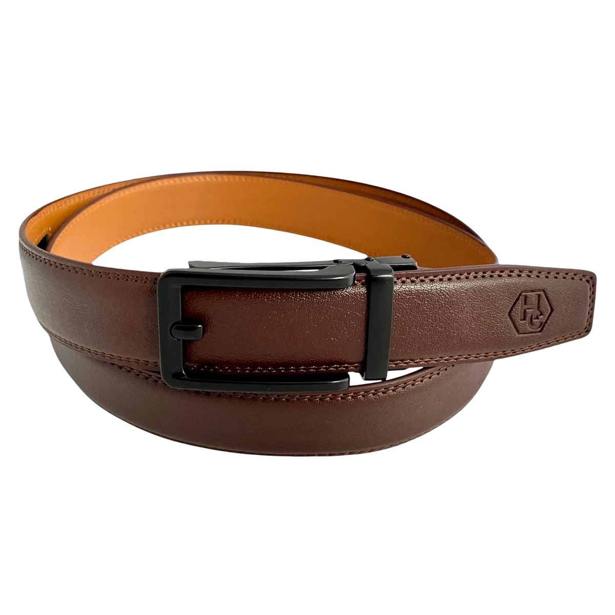 Red-brown leather ratchet belt with black hollow frame buckle, front view
