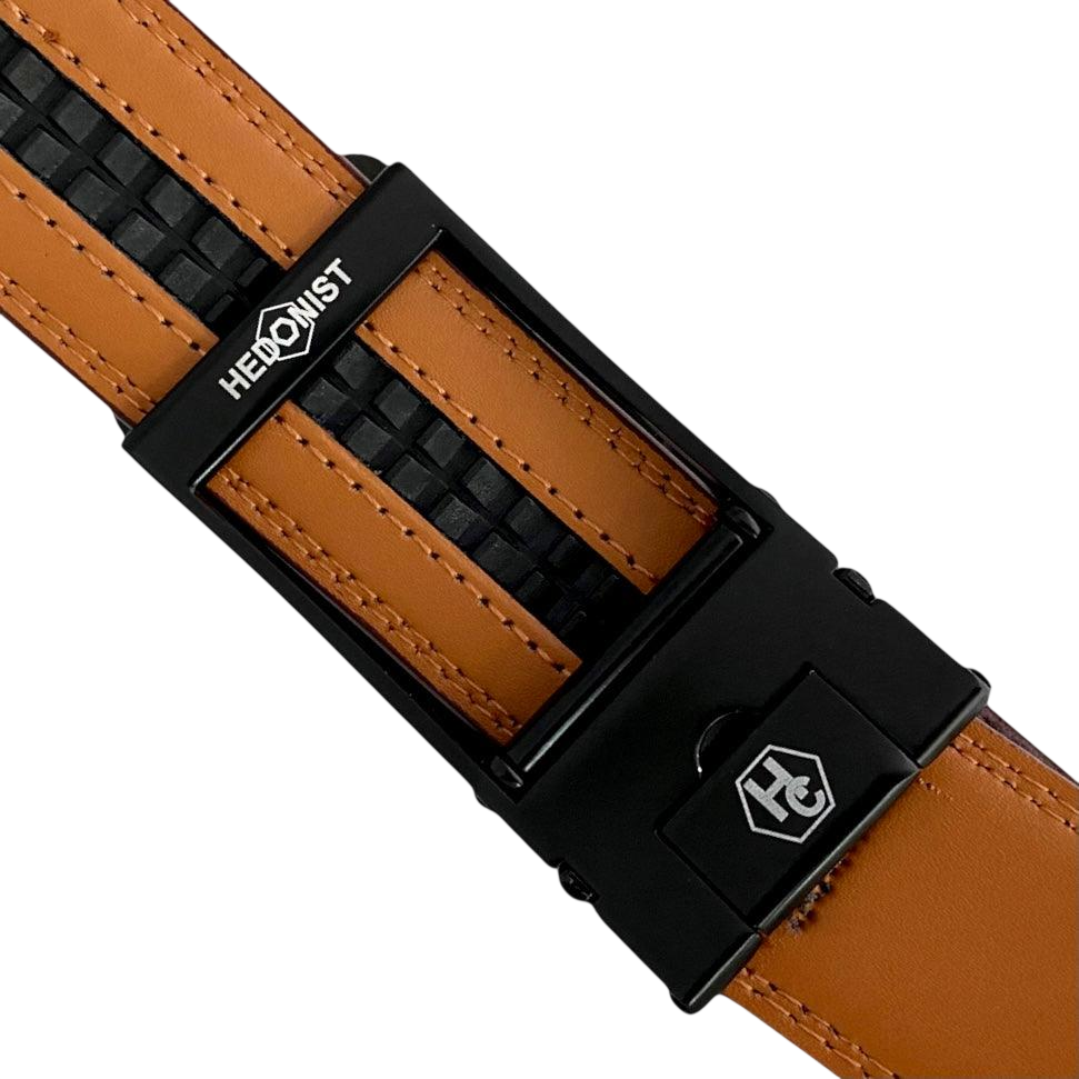 Red-brown leather ratchet belt with black hollow frame buckle, hardware close-up