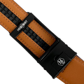 Red-brown leather ratchet belt with black hollow frame buckle, hardware close-up