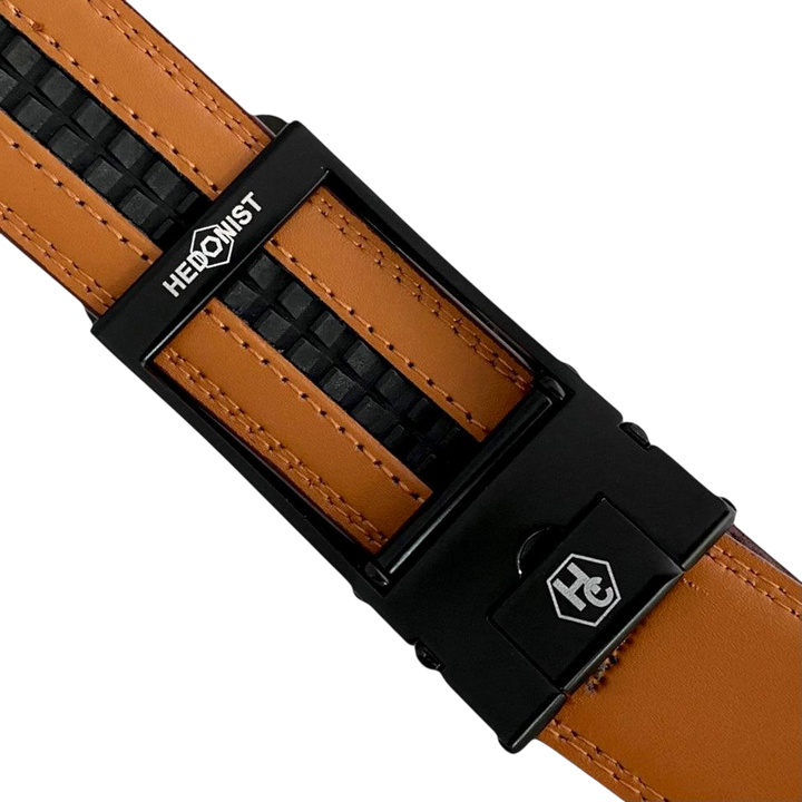 Red-brown leather ratchet belt with black hollow frame buckle, hardware close-up