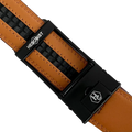 Red-brown leather ratchet belt with black hollow frame buckle, hardware close-up