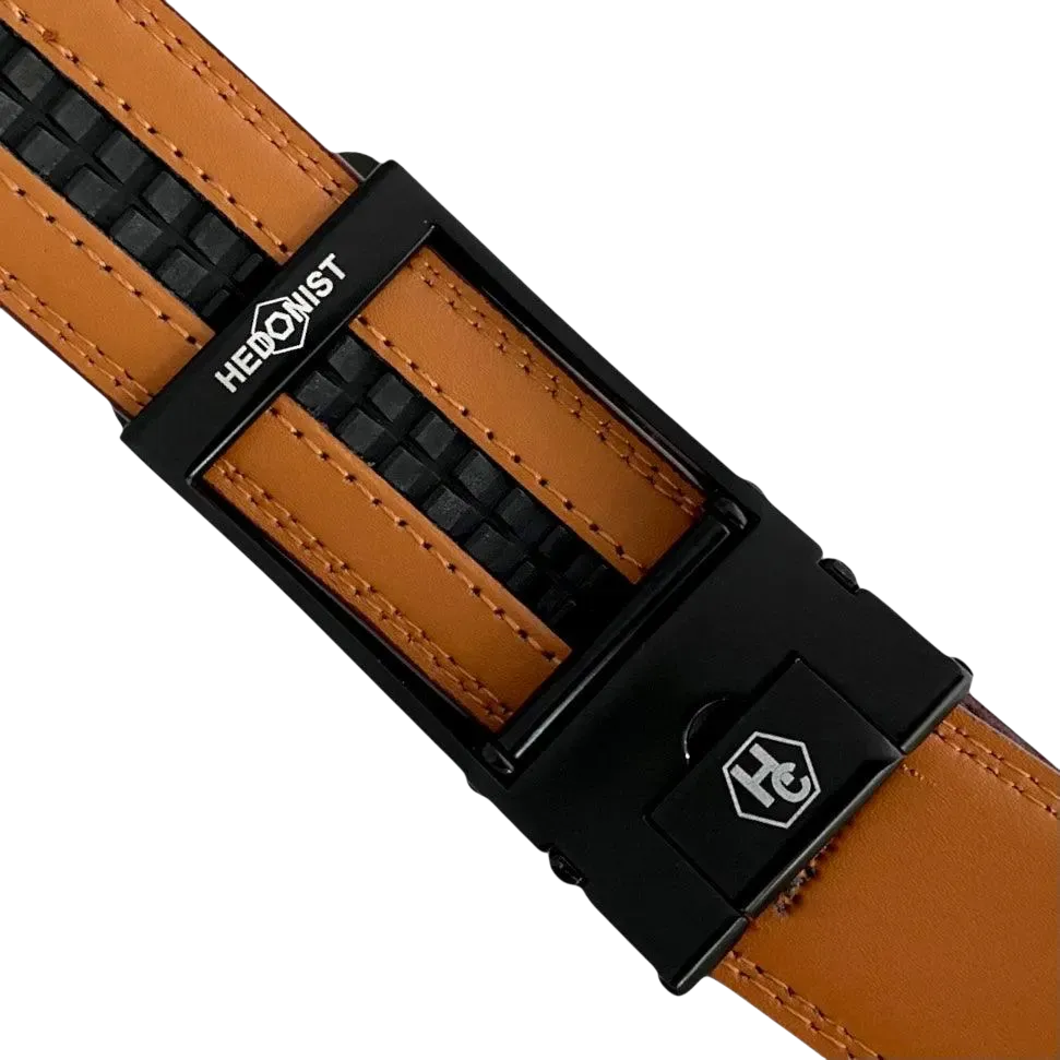 Red-brown leather ratchet belt with black hollow frame buckle, hardware close-up
