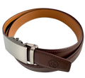 Red-brown leather ratchet belt with long gunmetal rectangle buckle, buckle detail close-up