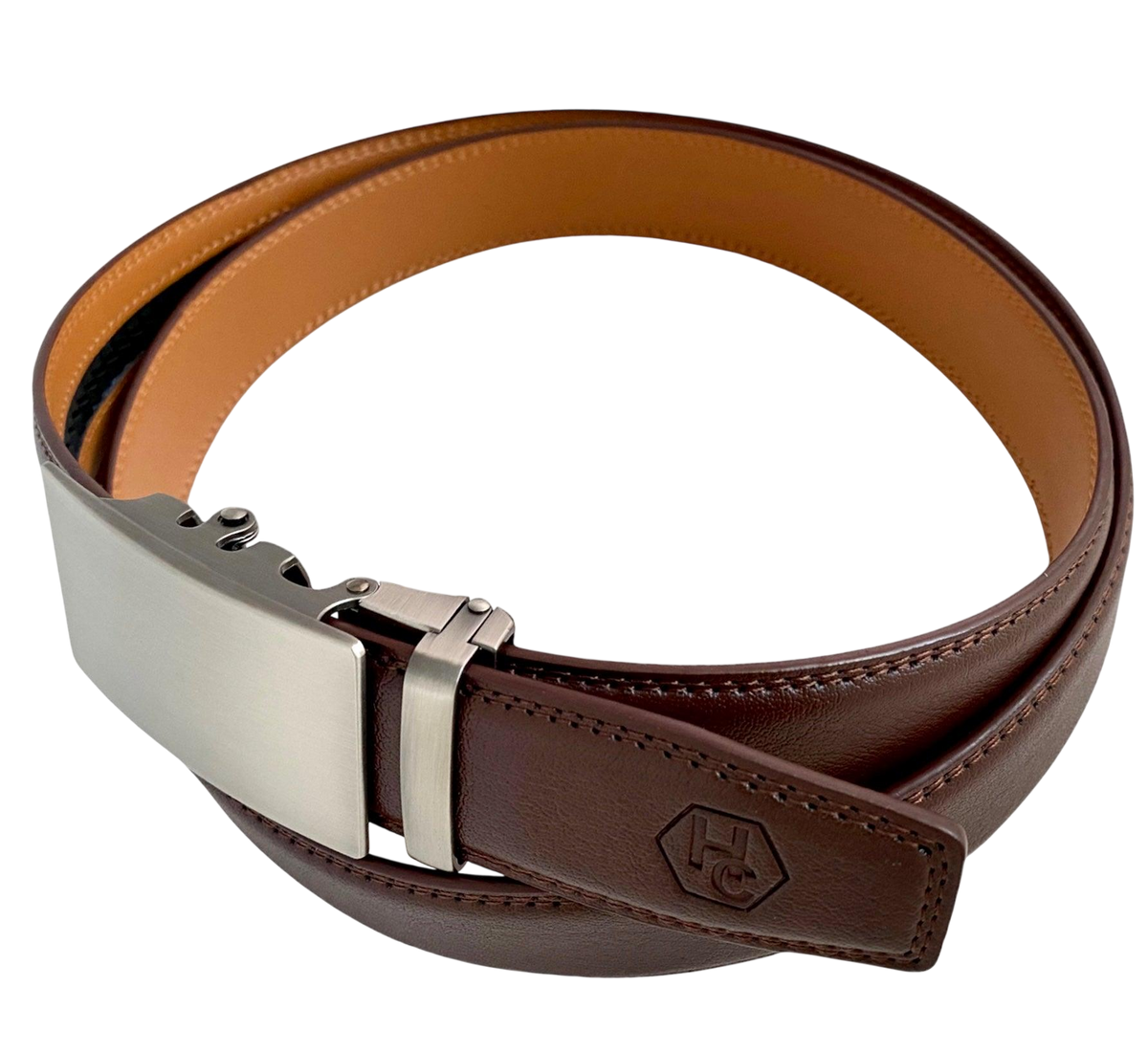 Red-brown leather ratchet belt with long gunmetal rectangle buckle, buckle detail close-up