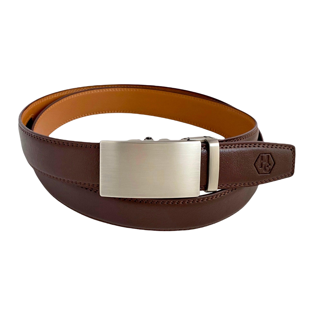 Red-brown leather ratchet belt with long gunmetal rectangle buckle, front view