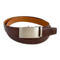 Red-brown leather ratchet belt with long gunmetal rectangle buckle, front view