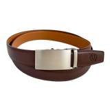 Red-brown leather ratchet belt with long gunmetal rectangle buckle, front view