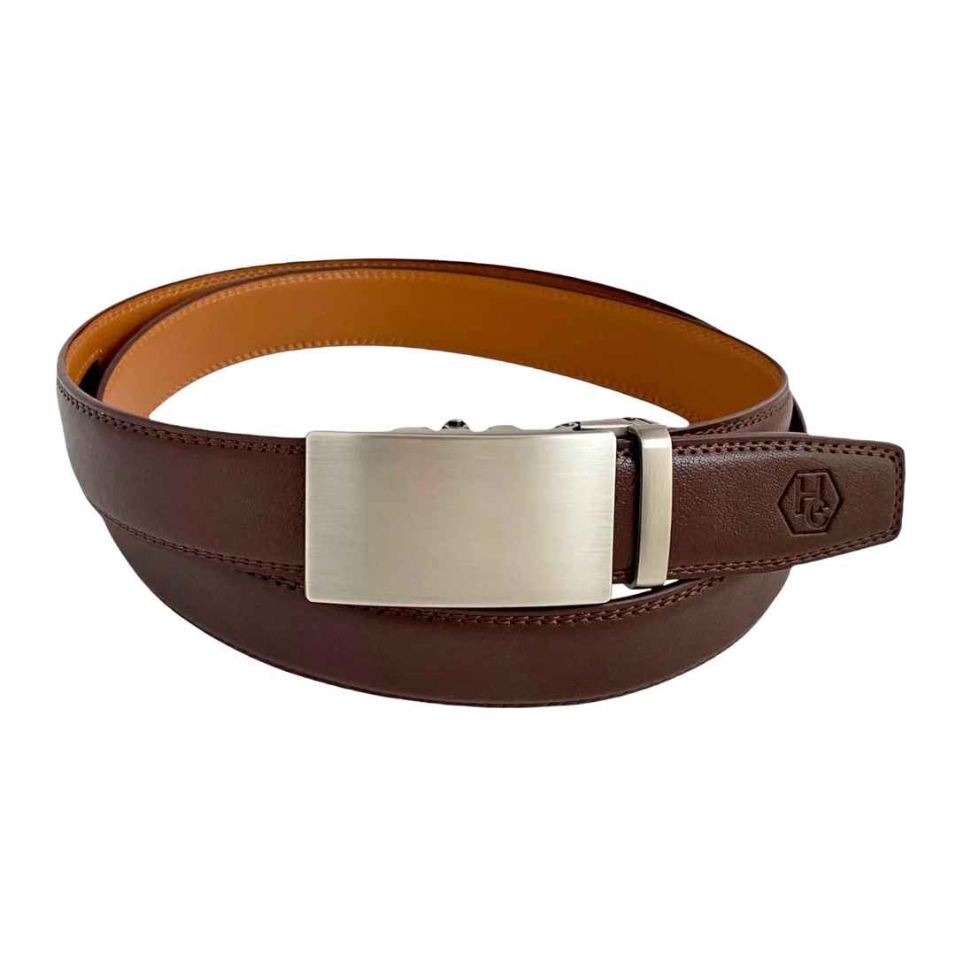Red-brown leather ratchet belt with long gunmetal rectangle buckle, front view