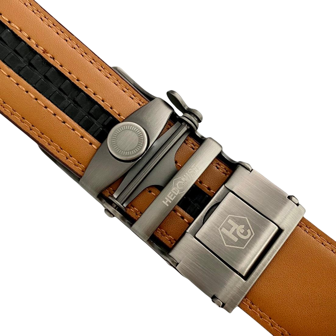 Red-brown leather ratchet belt with silver buckle, buckle close-up