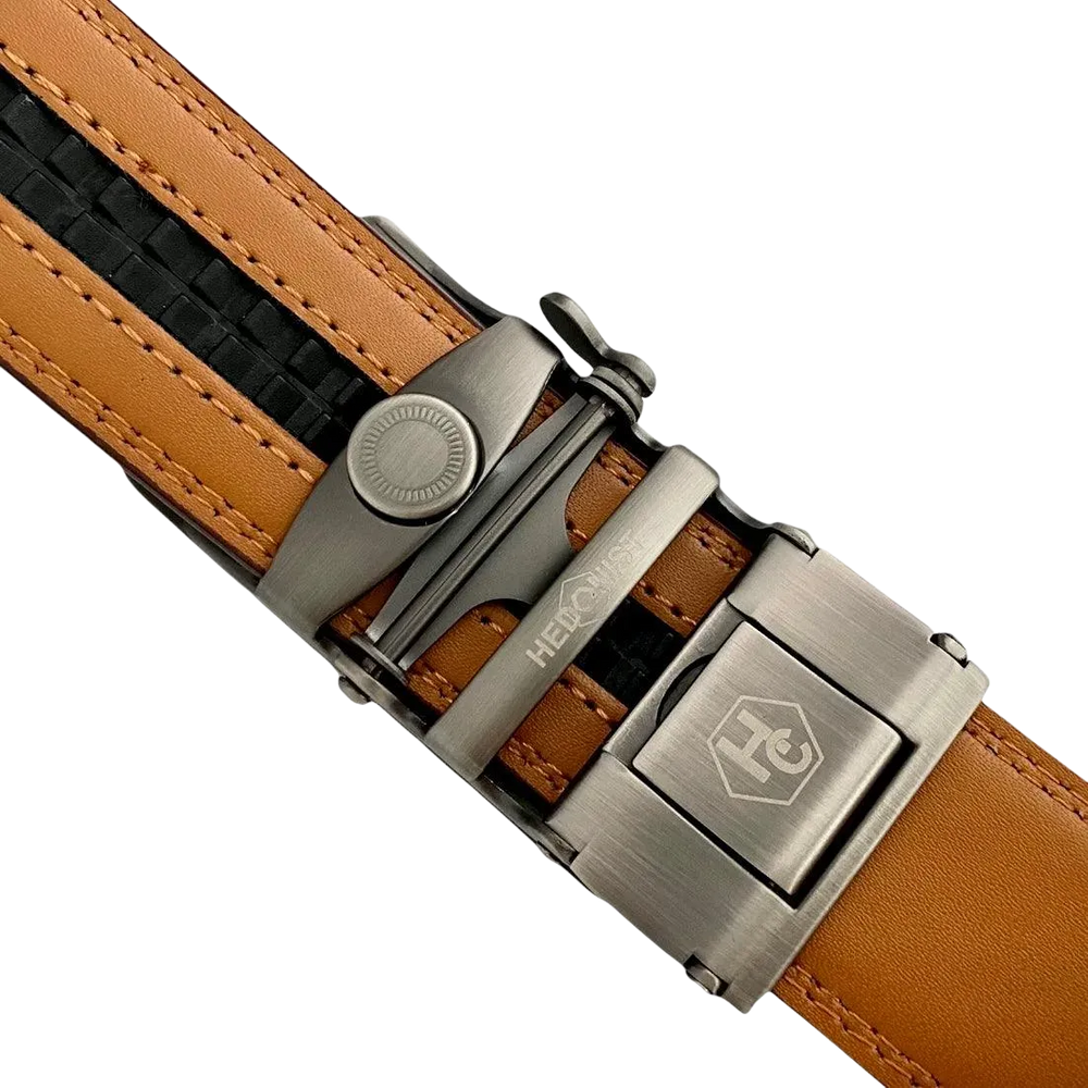 Red-brown leather ratchet belt with silver buckle, buckle close-up