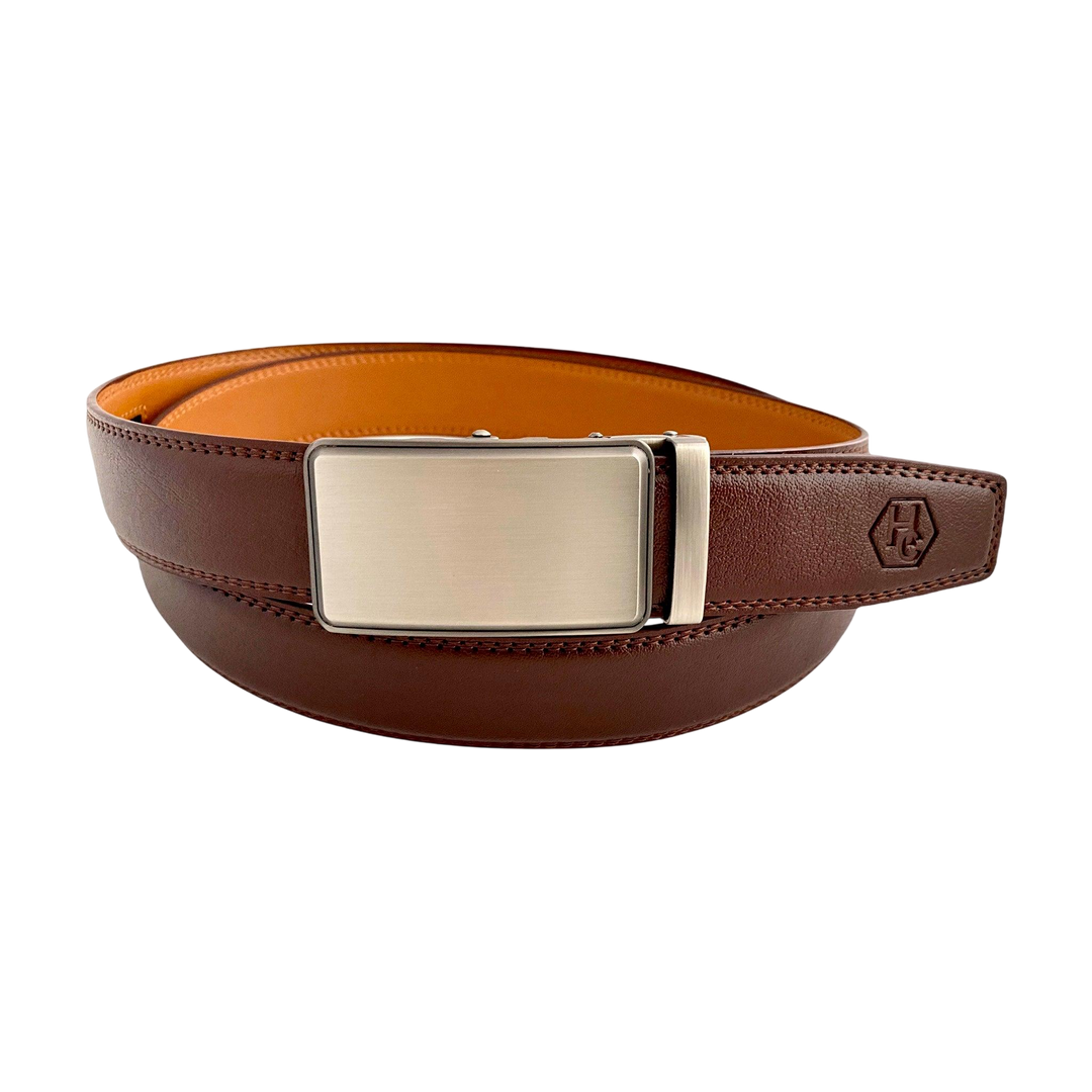 Red-brown leather ratchet belt with silver buckle, front view