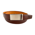 Red-brown leather ratchet belt with silver buckle, front view