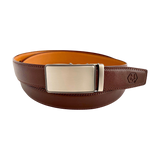 Red-brown leather ratchet belt with silver buckle, front view